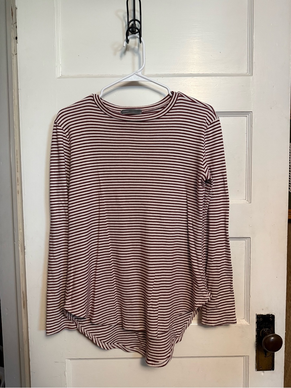 CHERISH white and burgundy striped long sleeve shirt Size Medium #stripes